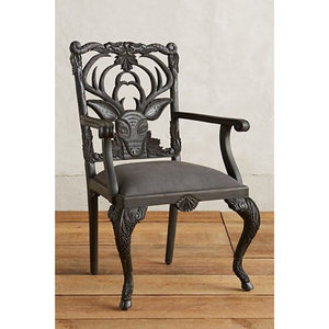 Luxury Handcrafted Solid Wood <b>Dining</b> <b>Armchair</b> Ornate Deer Head Carving Matte Black Upholstered Seat - Product Image 5