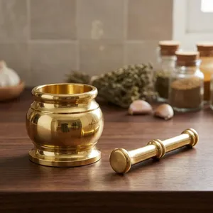 Juego de Mortero y Pilón de Latón Puro con Acabado Dorado, Molinillo de Especias Tradicional, Triturador Manual Resistente para Especias y Hierbas - Product Image 2