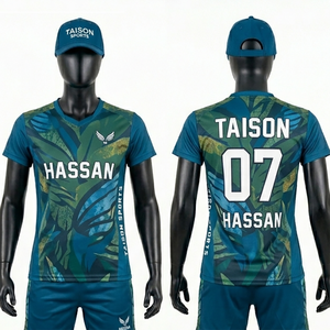 เสื้อแบดมินตันชาย 150 GSM ผ้าโพลีเอสเตอร์พรีเมียม ระบายเหงื่อได้ดี สีเขียวอมฟ้า ลายใบไม้ ออกแบบโลโก้แบบซับลิเมชั่นตามสั่ง - Product Image 1