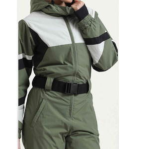 Custom <b>Women</b> <b>One</b> <b>Piece</b> <b>Ski</b> <b>Suit</b> Waterproof Windproof Olive Green Color Block Snowboard Jumpsuit with Hood and Belt - Product Image 6