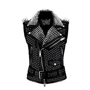 Men's Moto Biker Style Woolen Genuine Leather <b>Vest</b> Rivets Spikes Turn-down Collar Zipper Closure Winter Outer Wear Windproof - Product Image 1