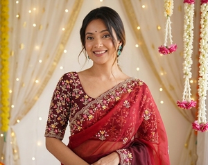 AARA Fashion <b>Red</b> Embroidered Silk Saree <b>Blouse</b> for Wedding Women Traditional Indian Bridal Wear Floor Length Regular Fit Sun - Product Image 6