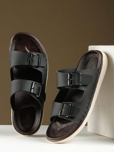 Sandalias Negras Clásicas para Hombre con Triple Hebilla, Punta Abierta, Suela Plana Informal, Calzado Ligero para Verano, Ocio, Viajes y Uso Diario - Product Image 2