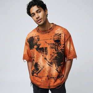 Men's Orange Oversized Printed Washed T-Shirt Street Style 100% Cotton Top Mens Custom Distressed Acid Wash Tee Shirts Men - Product Image 6