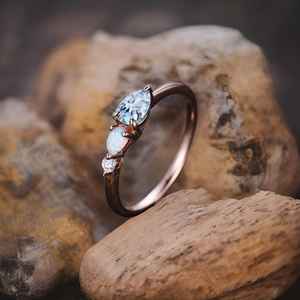 Bague de fiançailles vintage en opale aigue-marine, style Art Déco, avec moissanite, en argent 925 plaqué or rose 14 carats, forme poire, unique, pour femme, bagues de mariée - Product Image 3