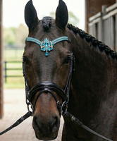 Fronture de Cheval de Luxe Équestre Haut de Gamme Faite à la Main, 5 Rangées de Cristaux Élégants, Logo Gaufré, Cuir DD, Poignée en Caoutchouc, Multicolore