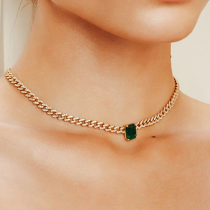 18K Gold Solitaire Emerald and Diamond Studded Curb Chain Choker Necklace - Product Image 1