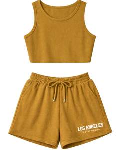Ensemble deux pièces pour femme : débardeur court côtelé moutarde et short, imprimé Los Angeles, sans manches, tenue d'été décontractée, personnalisable - Product Image 1