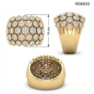 Architectural 18K Solid Yellow Gold Diamond <b>Dome</b> <b>Ring</b> Honeycomb Hexagon Cluster Wide Band For Self-Reward Luxury Gift - Product Image 5