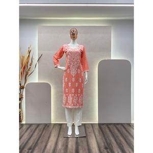 BORDADO HILO RAYON MODA TRABAJO KURTI CON PALAZZO PEACH - Product Image 2