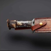 Cuchillo Bowie de Hoja Fija de Acero de Damasco de Grado Industrial Pasha Enterprises con Mango de Asta de Ciervo, Multifuncional para Camping al Aire Libre, ODM OEM