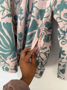 <b>Pink</b> Mandarin Collar Knitted Velvet Suzani Embroidered Jacket Green Floral Hand Embroidery Cotton Lining Eco-Friendly Boho Style - Product Image 4
