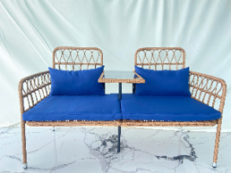 <b>Outdoor</b> <b>Rattan</b> Loveseat Garden Set 2 Seater Patio <b>Sofa</b> with Center Glass Table Blue Cushion Balcony Furniture - Product Image 1