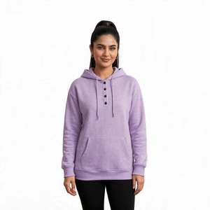 Sweat-shirt à capuche en molleton boutonné sur le devant pour femme - Pull Henley surdimensionné avec poche kangourou, fabricant de marques privées - Product Image 5