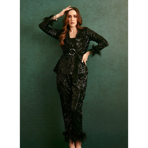 Ensemble pantalon et blazer pour femme, très résistant, orné de paillettes, avec ceinture à plumes, tenue deux pièces sexy pour club, manches longues - Product Image 1