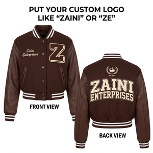 Women <b>Crop</b> <b>Top</b> Varsity Jacket 450 GSM Wool Blend Body PU Leather <b>Sleeves</b> Brown <b>White</b> Ribbed Custom Chenille Embroidery Print - Product Image 1