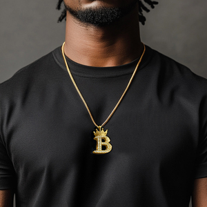 Collier pendentif lettre B plaqué or style Hip Hop, micro-pavé de zircone, avec chaîne corde couronne - Product Image 3
