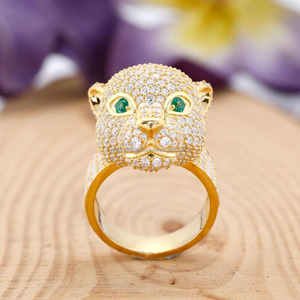 Panther Animal Inspired Wild <b>Cat</b> Iced Cut Moissanite Green-Eyed Rhodium Plated Pave Setting 925 Sterling Silver Engagement <b>Ring</b> - Product Image 5