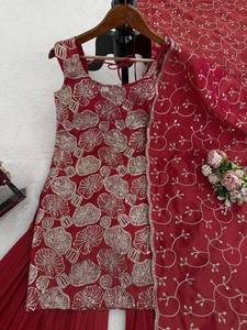 Designer Maroon Embroidered Kurti with Pleated Sharara and Heavy Embroidered Dupatta Ethnic Party Wear Sharara Suit Set - Product Image 3