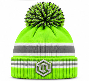 Bonnet en tricot épais vert néon avec pompon, revers rayé et logo, bonnet personnalisé disponible dans toutes les couleurs - Product Image 5