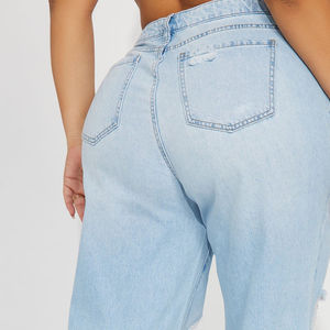 Pantalon en jean déchiré pour femme, coupe droite, taille mi-haute, délavage clair, style décontracté urbain, personnalisable, prix de gros - Product Image 5