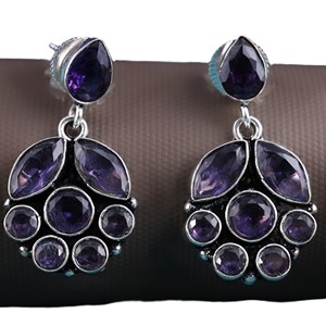 Boucles d'oreilles pendantes en argent oxydé faites à la main avec améthyste |   Bijoux ronds style bohème |   Boucles d'oreilles bohèmes pour femmes en gros, directement de l'usine - Product Image 5