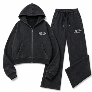 Survêtement noir délavé avec veste courte zippée et pantalon large, style streetwear décontracté, 100% coton molletonné, fermeture éclair intégrale, pour femmes, fournisseur - Product Image 3