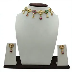 Traditional Gold Tone <b>Choker</b> Necklace Set with Green and Pink Stone Work Elegant Bridal Jewelry for Women with Matching Earrings - Product Image 3
