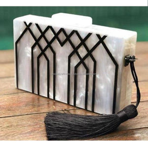 White Resin <b>Clutch</b> with <b>Black</b> Geometric Design Handmade Women Purse <b>Evening</b> Party <b>Bag</b> with Tassel Wholesale Bulk - Product Image 1
