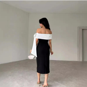 Vestido midi con lazo en contraste y hombros descubiertos o vestido de noche monocromático de corte columna para cóctel o eventos formales - Product Image 2