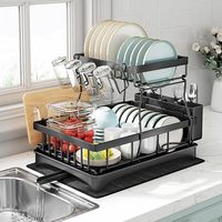 Égouttoir à vaisselle à 2 niveaux avec porte-couverts, organisateur de cuisine en métal pour assiettes, tasses et bols