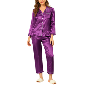 Conjunto de pijama de satén transpirable para mujer con ropa de dormir suave con botones y patrón sólido para verano otoño y primavera - Product Image 4