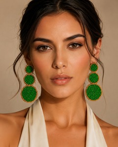 Boucles d'oreilles pendantes triple cercle faites à la main, style bohème, avec perles de rocaille vertes, pour femmes, vente en gros - Product Image 2