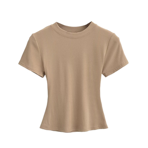 Camiseta Casual de Cuello Redondo y Manga Corta para Mujer, Color Sólido, Tejido de Algodón, Corte Regular, para Todas las Temporadas, Camiseta Básica - Product Image 5
