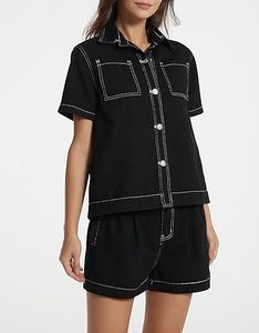 Conjunto de dos piezas de mezclilla para mujer: Top y shorts, estilo vaquero sexy con botones, atuendo casual de mezclilla de manga larga con cremallera. - Product Image 6