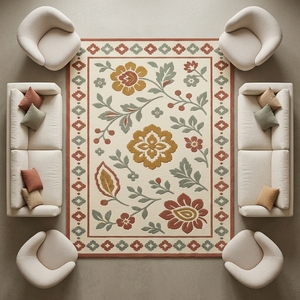 Tapis de salon rectangulaire tufté floral ivoire style bohème avec envers en latex antidérapant à poils moyens - Product Image 3