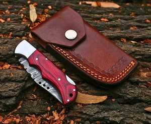 Handmade Damascus Steel Folding Knife with Colored Wood Handle <b>Back</b> Lock Pocket Knife with Leather Sheath for Hunting Camping - Product Image 4