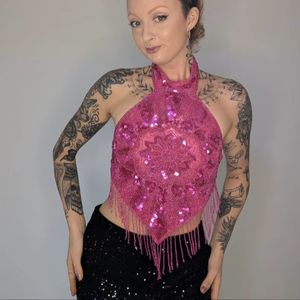 Top Corto de Moda para Mujer con Lentejuelas, Perlas y Borlas, Bralette Brillante con Pedrería y Cadenas - Product Image 1