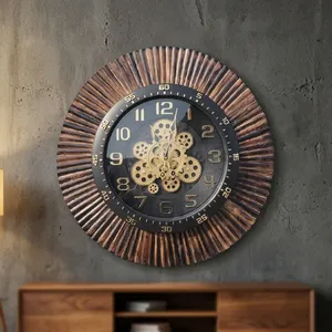 Wooden <b>Wall</b> <b>Clock</b> Glass Face Round Analog Mechanical Art Deco Design Silent Non-Ticking Decorative Home Interior - Product Image 2