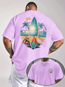 Men's Purple T-Shirt Short Sleeve O-Neck Digital Print Beach Surf Design Regular Fit 100% Cotton Jersey Breathable Casual Style - Product Image 5