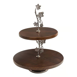 Support à gâteau en bois artisanal à 2 niveaux avec tige en métal en forme de vigne, présentoir à cupcakes de luxe en bois de manguier pour mariages et fêtes - Product Image 1