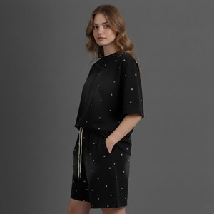 Conjunto de Camiseta y Pantalones Cortos de 2 Piezas para Mujer, 100% Algodón, de Alta Calidad, Diseño de Dos Tonos, por Encima de la Rodilla, con Bordado de Encaje, para Verano - Product Image 3