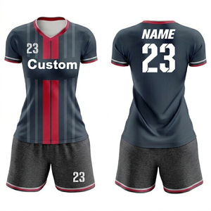 Dark Blue Color With <b>Red</b> Stripes Women Soccer Gear Half Sleeve Jersey and Shorts Ladies Football Player Uniform - Product Image 1