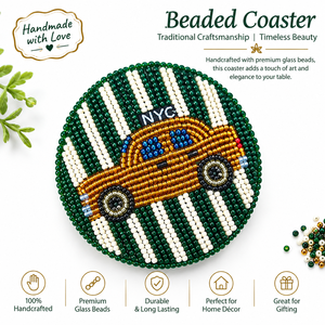Handcrafted Beaded Car Coaster, Green & White Seed Bead Round Drink Coaster with Vintage Car Design, Table Decor & Gift - Product Image 1