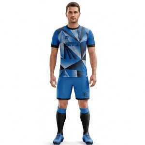 Ensemble de maillots de football pour hommes Mawra, bleu, géométrique, sublimé, respirant, coupe athlétique, manches courtes, uniformes de football pour équipes - Product Image 1