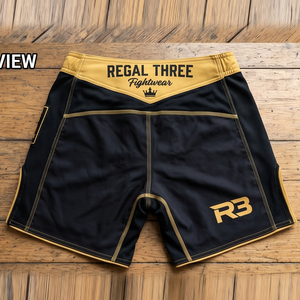Pantalones Cortos de MMA Regal Three para Hombre, Color Negro y Dorado, Sublimados, Ropa de Artes Marciales, Pantalones Cortos de Boxeador Unisex, Transpirables - Product Image 3