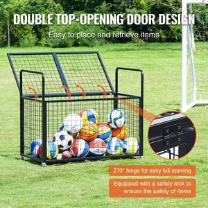 Carrello Portapalloni Sportivi in Metallo con Ruote e Chiusura, Doppio Coperchio, per Interni ed Esterni, Organizzatore per Attrezzature Sportive, Gabbia per Palloni da Basket - Product Image 4