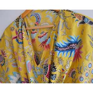 Lightweight Cotton Kaftan Robe Hand Block Printed Floral Design Bathrobe Natural Waistline Casual Dressing Swimsuit Cover Ups - Product Image 3