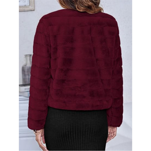 Veste Courte Femme OEM Luxe Bordeaux en Fausse Fourrure Style Peau de Mouton, Épaisse, Motif Côtelé, Ouverte sur le Devant, Sans Col, Chaude - Product Image 4
