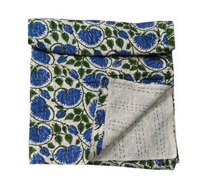 Silkgram Traditional Indigo Cotton Kantha <b>Quilt</b> Blue Floral Hand-Stitched Eco-Friendly All-Season Home Decor <b>Throw</b> Cover - Product Image 2